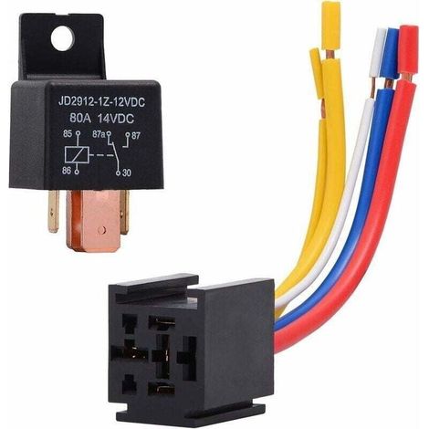Relais 12V 80A à 5 Broches pour Voitures et Camions - Commutateur Lourd On/Off Normalement Ouvert - Inclus Prise pour Relais - 5 Fils - Adapté à l'Automobile (1/4)