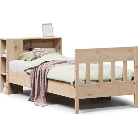 Lit simple  Lit adulte  Lit bibliothèque sans matelas 75x190 cm bois de pin massif