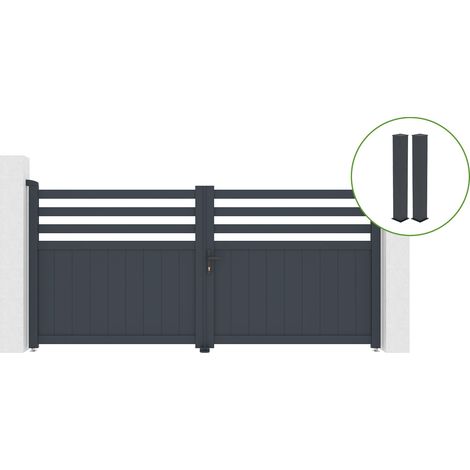 Portail battant 3m NEVIS H.140cm alu gris + 2 poteaux 20x20cm H.166cm (1/5)