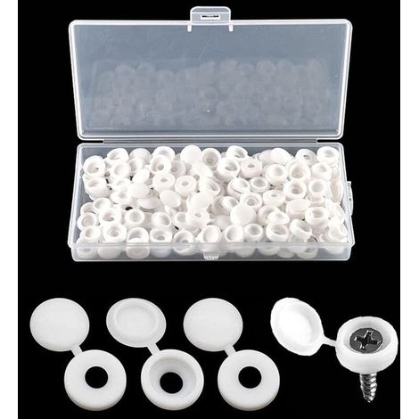 100 Pièces Bouchon à Vis en Plastique, Cache Vis à Charnière pour les Vis Nombre 6/8, avec Boîte de Rangement, Couvercles à Bouton-Pression à Vis pour Meubles, Placards, Étagères, Blanc (1/4)