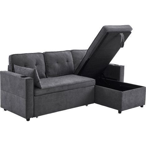 ELVMI Divano Letto ad Angolo con Chaise Longue Reversibile, Contenitore e Portabicchieri, in Cotone Lino, Grigio (1/5)