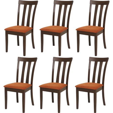 Lot de 6 chaises de salle à manger en bois massif avec assise tissu orange avec dossier haut structure bois foncé 040009069 (1/5)