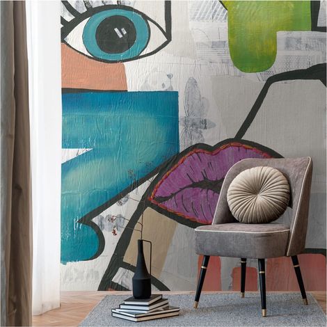 Photo wallpaper Profhome 398881 hot embossed non-woven wallpaper smooth graffiti matt blue purple green grey 2.12 m x 2.8 m (1/4)