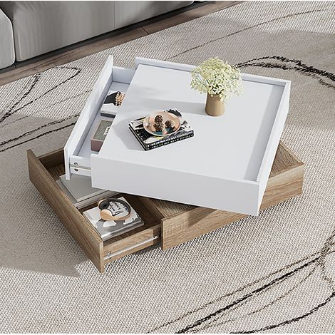 Tavolino da salotto in truciolare bianco e noce 60 x 60 cm girevole a 360° con 2 cassetti (1/5)