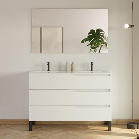 Meuble de salle de bain 120cm avec plan double vasque - 3 tiroirs - blanc - MATA (1/5)
