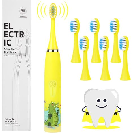 Children's Electric Toothbrush, Lemon Yellow 4 Cleaning Modes Rechargeable Sonic Toothbrush, Ultra-Bright Soft Bristles, IPX6 Waterproof 2 Mins Timer 6 Brush Heads (1/5)