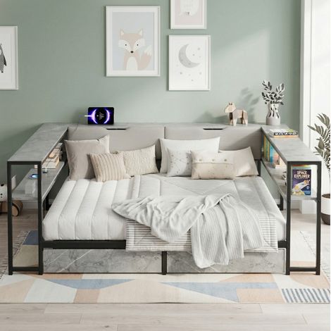 Cama dormitorio juvenil con almacenaje USB gris OKMYHOME (1/5)