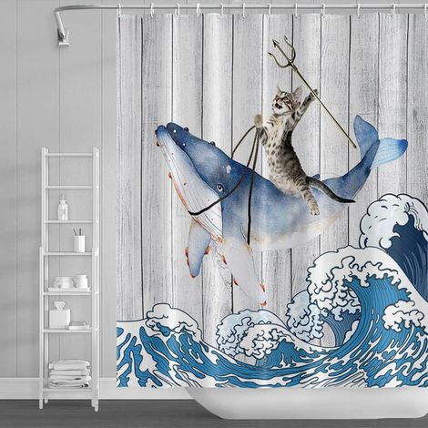 175x190cm Drôle Chat Baleine Rideau de Douche Ancien Bois Sol Japonais Mer Océan Vague Rideau de Bain Mignonne Dessin animé Rideau de Baignoire Étanche pour Salle de Bain avec Crochets (1/5)