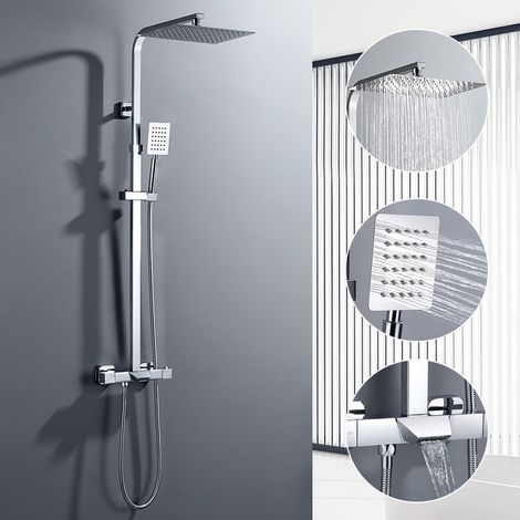 Colonne de Douche Thermostatique en Acier Inox, Haute Réglable 98-129 cm, Pomme haute 30x20 cm, Baignoire / Salle de bain (1/5)
