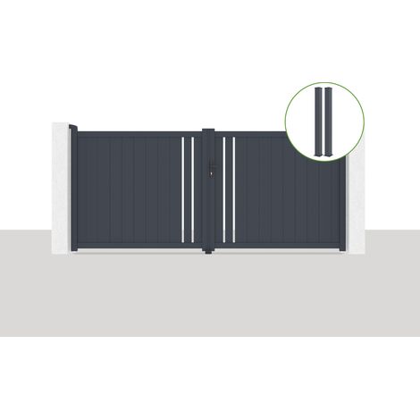 Pack portail battant 350x160cm GIONA + 2 poteaux EIFEL H.190cm Gris (1/5)