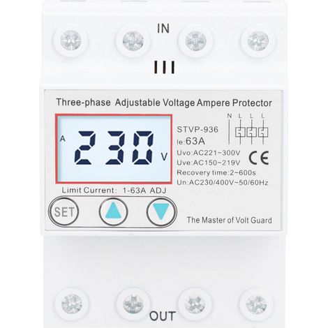 Protecteur de tension réglable triphasé 400V AC 230V LCD multifonction auto-réarmement STVP936 63A pour usage industriel (1/5)