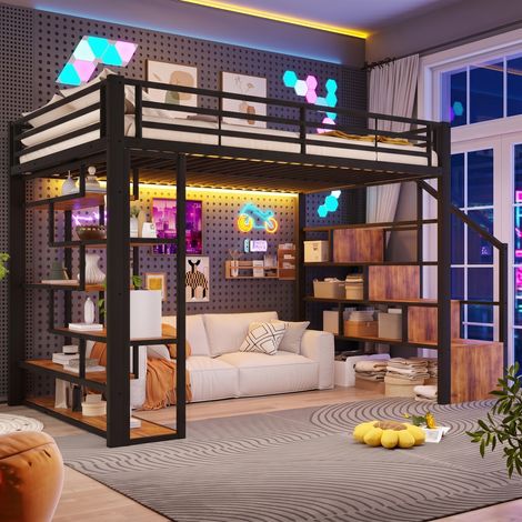 Lit mezzanine enfant 140x200cm en métal avec éclairage LED,marches intégréesRangement à plusieurs niveaux,cadre de lit superposé double,Noir (1/5)