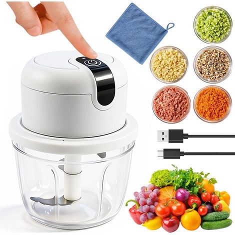 Hachoir de cuisine électrique, 350 ml, avec recharge USB, sans fil, avec chiffons en microfibre, pour oignons, fruits, noix, viande, ail (1/5)