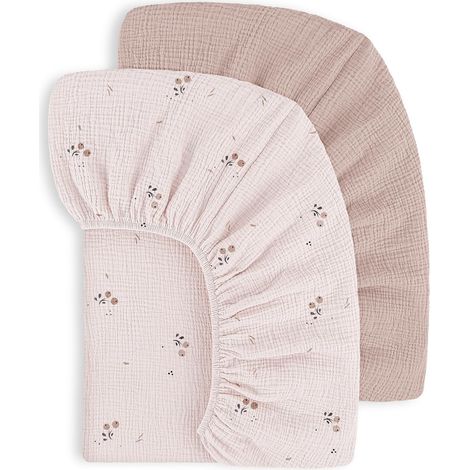 Set of 2 Fitted Sheets for Children, 100% Cotton Muslin Bed Sheets for Baby Bed Fitted Sheet for Travel Bed, Extra Sheets 60 x 120 cm (Light Pink) (1/5)
