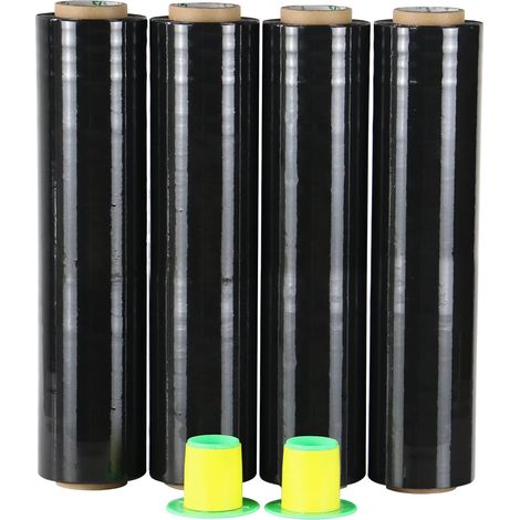 Noir Film étirable demenagement de film emballage, Cling Film 250m x 400 mm x 17 µm avec poignée de roulement en plastique, pour emballage et déménagement, 4 Rouleaux (1/5)