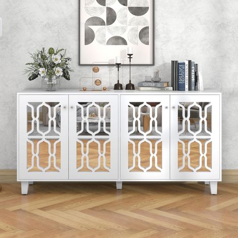 Buffet 160 cm, con 4 porte a specchio, 2 mensole regolabili, stile moderno, armadio da soggiorno - Bianco