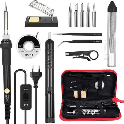 Kit soudure 14 pcs fer à souder 60W température réglable interrupteur ON/OFF 5 embouts pompe désouder mèche étain pinces antistatiques support avec éponge sac rangement (1/5)