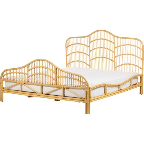 Cama con somier de ratán madera clara 180 x 200 cm caoba trenzado cabecero Domeyrot