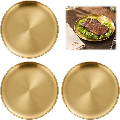 Juego de 3 bandejas de acero inoxidable para servir, 20 cm, color dorado, redondas, vajilla de acero inoxidable irrompible. (1/5)