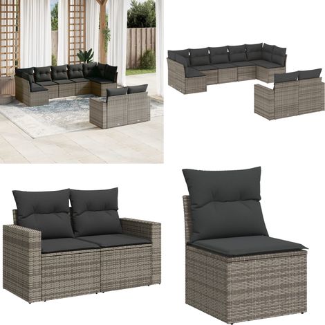 9-tlg. Garten-Sofagarnitur mit Kissen Grau Poly Rattan - Gartensortiment - Outdoor Möbel - Gartenlounge - Lounge Set - Rattan Gartenmöbel - Home & Living (1/5)