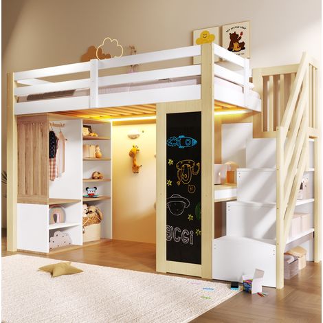 Cama alta 90x200 cm madera/MDF blanca/natural con escritorio, sin colchón – MEUBLIV (1/5)