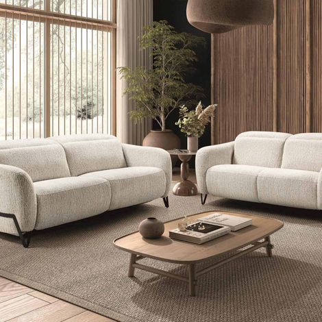 Ensemble Canapé relax électrique + canapé fixe tissu polyester beige - AMSTEN