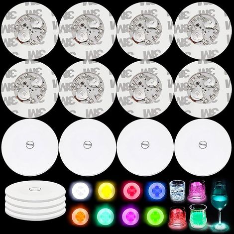 16 Pièces Dessous de Verre Lumineux 6cm Autocollants sous de Verre LED avec 7 Modes d'éclairage Dessous de Bouteille Lumineux pour fêtes, Mariages, Bars et Noël