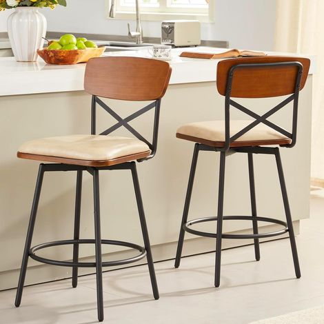 Lot de 2 tabourets de bar pivotants, hauteur de comptoir, rembourrés avec dossier pour îlot de cuisine, hauteur d'assise de 66 cm, cadre en bois massif et métal, similicuir ivoire (1/5)