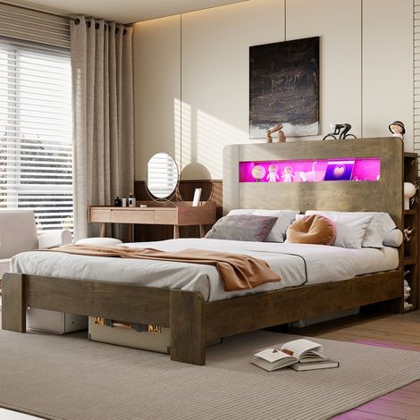 Cama moderna de madera estilo vintage 140x200 cm con cabecero con almacenaje, LED y enchufes integrados