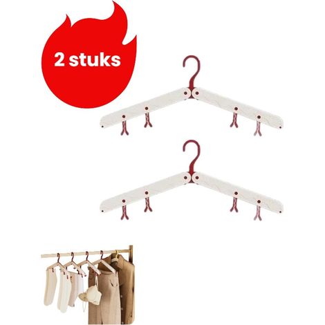 Étendoir à linge pliable et portable en 2 parties avec structure télescopique multifonctionnelle pour sécher les vêtements à la maison et lors des déplacements couleur rouge (1/5)