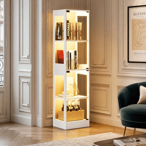 JOOKGBD–Vetrina in vetro per collezione con illuminazione LED e sensore di movimento intelligente,2 ante in vetro,4 ripiani,mobile contenitore design,per soggiorno,libreria,ufficio,bianco