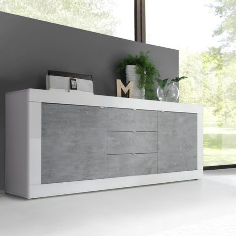 Buffet bas 2 portes - 3 tiroirs blanc et gris béton CALIA (1/5)