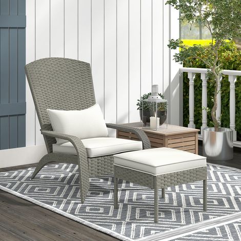 Chaise jardin repose-pieds coussins rembourrés en rotin acier - Dimensions: 64x82x89 cm - Couleur: Gris, Crème