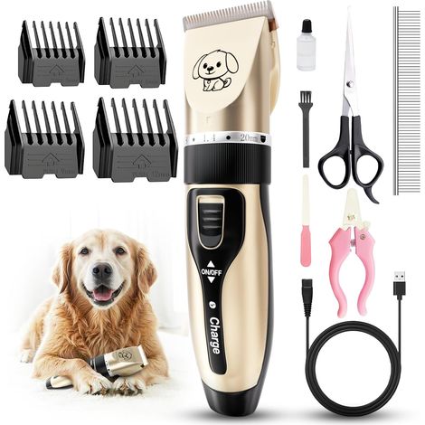Cordless Rechargeable Pet Grooming Kit, Heavy Duty Trimmer with 4 Guide Combs and Cleaning Brush (1/5)