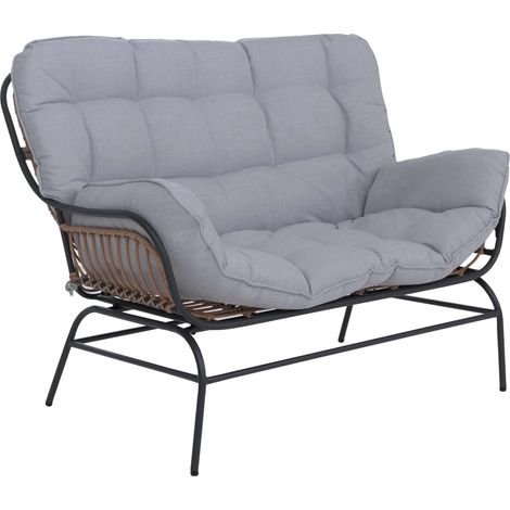 [NEUWERTIG] 2er-Sofa HHG-737, Gartensofa Gartenbank Couch 2-Sitzer, Stoff 220g/m² Poly-Rattan Metall dunkelgrau, Polster hellgrau