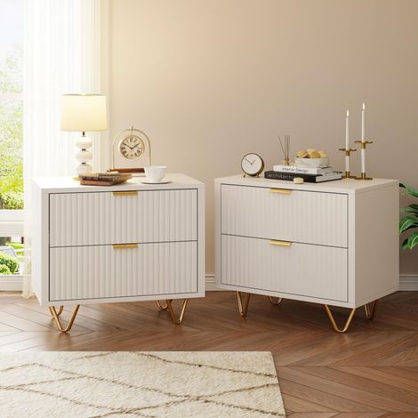 Fortuna Lai – Tables de chevet lot de 2 avec 2 tiroirs en MDF – Pieds en métal doré – Dimensions 49x29x47cm – Style moderne blanc (1/5)