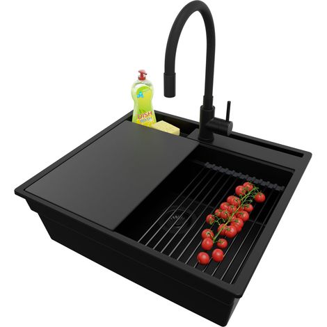 PRIMAGRAN Evier Cuisine en Granit 58x53cm, Lavabo 1 bac + Kit de Vidage + Accessoire, Évier à Encastrer au meuble 60cm - Oslo Pocket, Tout Noir (1/5)