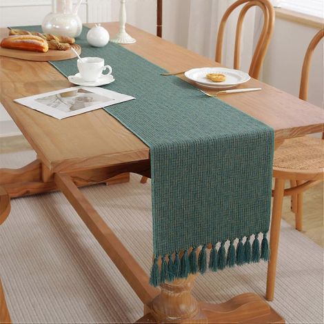 Chemin de table rustique en toile de jute tissée, orné de pompons faits main, idéal pour les traiteurs, festivals et fêtes (turquoise, 33 x 183 cm). (1/5)