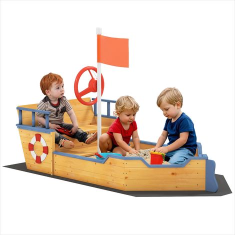 Bac à sable bateau pirate en bois de sapin avec rangement 158 cm (1/5)