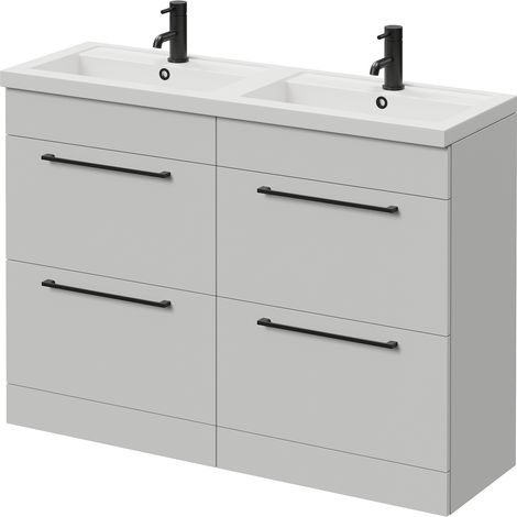 Napoli 390 Gloss Grey Pearl 1200mm 4 Drawer Vanity Unit with Double Lucia Basins - 1200mm - Matt Black 320mm Handle