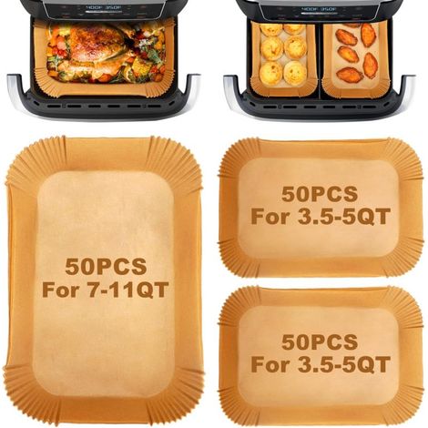 Irovami Ensemble de tapis de cuisson spéciaux anti-huile pour friteuse à air double zone grande capacité : 100 petits tapis pour panier et 50 grands tapis pour toute la cabine (marron). (1/5)