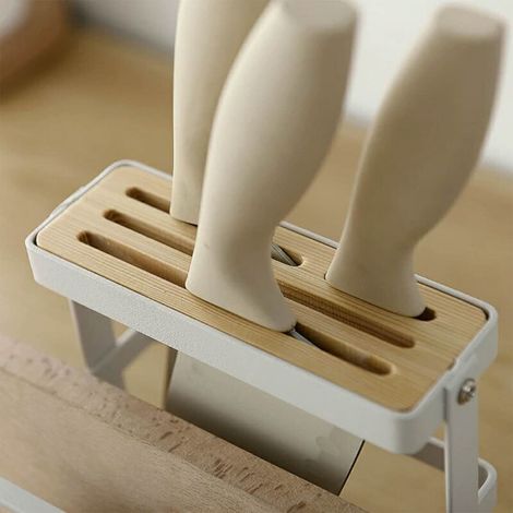 Porte-couteaux et planche à découper de style japonais, support de rangement pour couvercles de casseroles et couteaux, organisateur de cuisine multifonctionnel, en fer. (1/5)