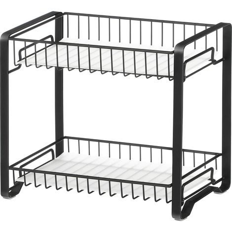 Étagère à épices, Étagère de rangement cuisine en métal à 2 niveaux, Porte-épices avec planches en plastique, pieds antidérapants, pour cuisine, salle de bain, Noir (1/5)