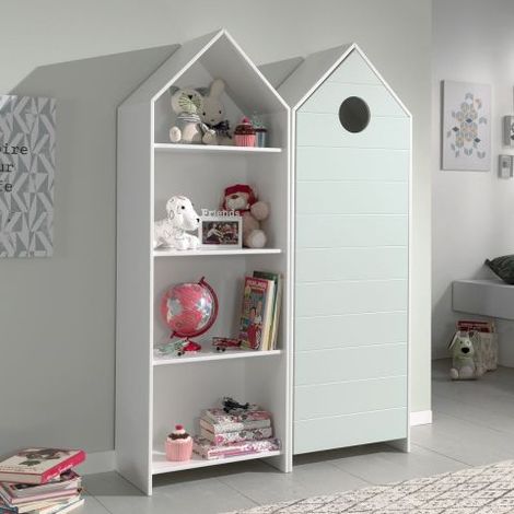 Ensemble armoire bibliothèque bois laqué vert menthe et blanc Camila (1/4)