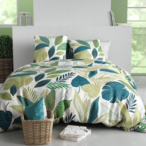 Parure housse de couette 260x240cm + 2 taies motif tropical vert et blanc 100% coton - PIKILIA (1/4)