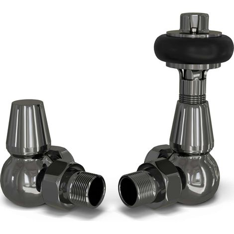 Signature Wooden Head - Black Nickel Thermostatic Radiator Valve & Lockshield Corner 8mm