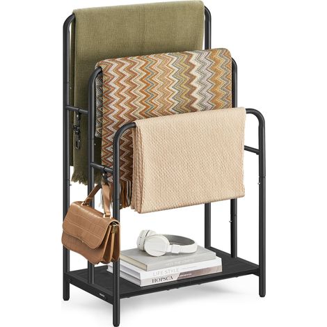 Porte Serviette Salle de Bain, Range Serviette, sur Pied, 3 Barres, 50 x 30 x 100 cm, 2 Crochets, Étagère de Rangement, Noir d’Encre et Noir Boisé LLS009B01 (1/5)