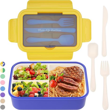 Lunch Box, Boîte à Déjeuner en Plastique pour Enfant Adulte, Boîte à Repas avec Trois Compartiments et Couverts(Fourchette et Cuillère) (rose) (1/5)