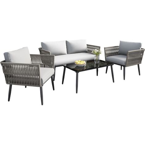 Salon jardin 2p, table verre noire, corde PE, acier galvanisé gris