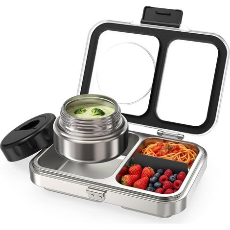 Boîte Repas Inox 18/8 avec Contenant Isotherme 280ml, Lunch Box Bento Étanche 2 Compartiments pour Enfants et Adultes, Couvercle Tritan, Sans BPA, Compatible Lave-Vaisselle, Noir (1/5)
